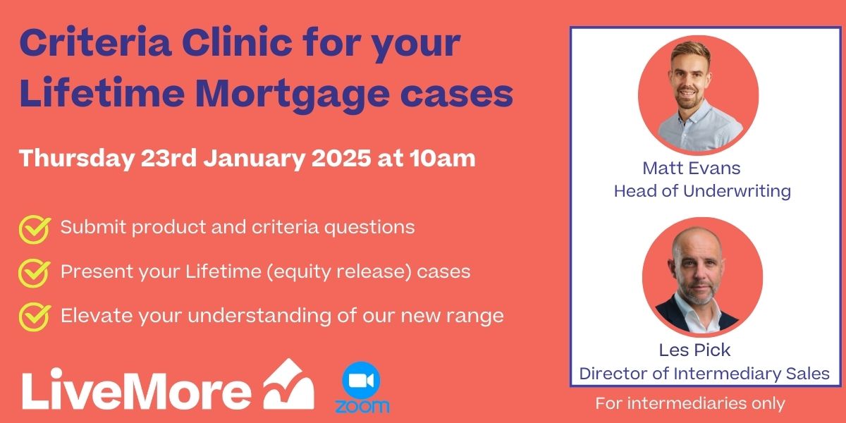 With a massive 📈 in enquiries, our new Lifetime (equity release) Mortgage range has taken off! ✈️ 

💡 Want to learn about our new equity release products?
📅 Join our Lifetime criteria clinic on Thursday 23rd Jan at 10am!
👉 Register on Zoom: livemorecapital.zoom.us/webinar/regist… 
 
For