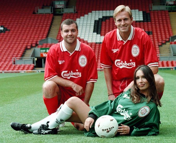 90sfootball's tweet image. Steve Harkness, John Scales and Kathy Lloyd modelling Liverpool's new kit, 1996.