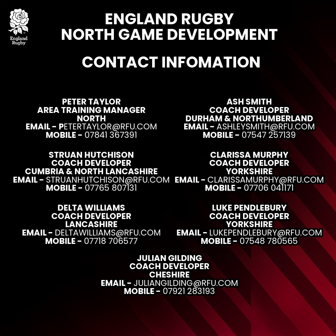 Meet the RFU North Game Development Team! 🏉

The team aims to provide the highest support to England Rugby Coach, Match Official and Player Welfare training across the North of England.