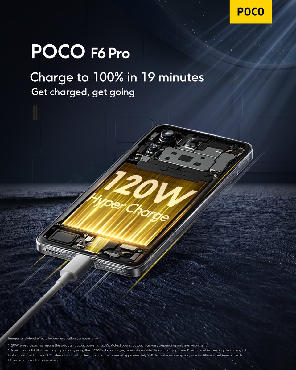 POCOGlobal's tweet image. Never miss a beat with the #POCOF6Pro's 120W HyperCharge – a swift 19-minute charge boosts you to 100%.🔋