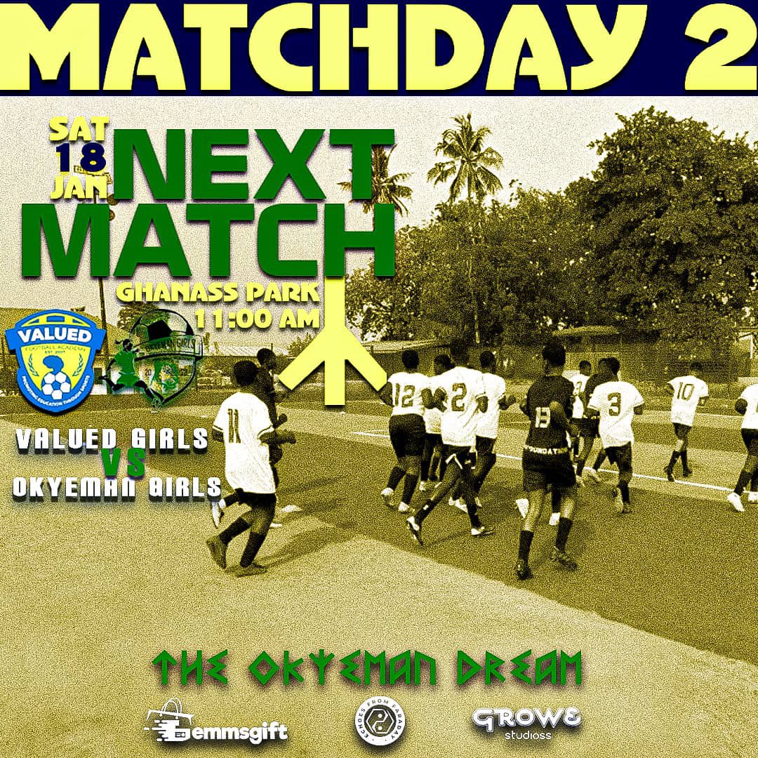 ogfa00's tweet photo. #TheOKYEMANDream💡 MATCH DAY 2 
 
📍 -  GHANASS - KOFORIDUA 
🆚 - VALUED GIRLS FC 
⏰ - 11AM 

#OGFA🟡🐆🟢🌳⚫️
#PlayWithAPurpose⚽️
#CAAFoundation🦁🇬🇭 https://t.co/ALgyEo9TKm