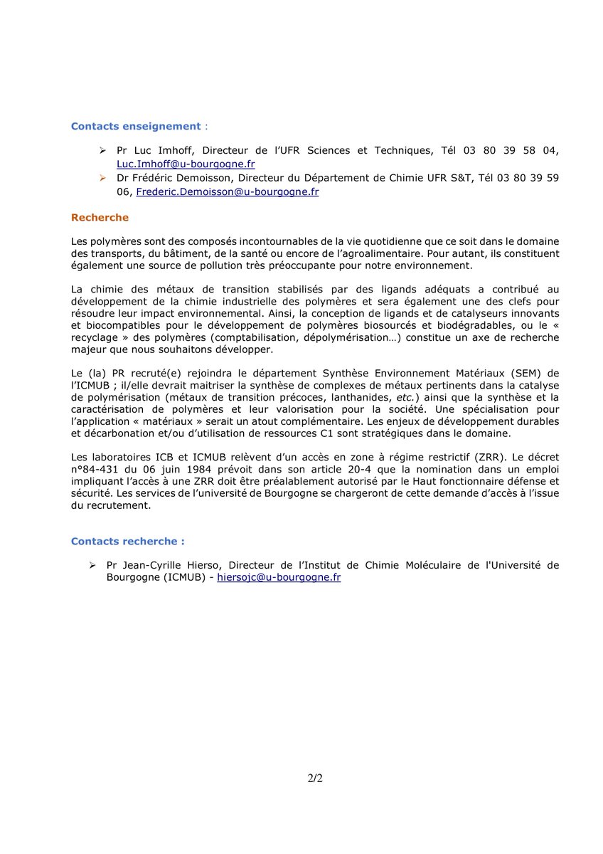 fannybonnetumet's tweet photo. Poste PR 32-33 Chimie organométallique/Catalyse de polymérisation à l'ICMUB de Dijon https://t.co/1oTCsYAHmS