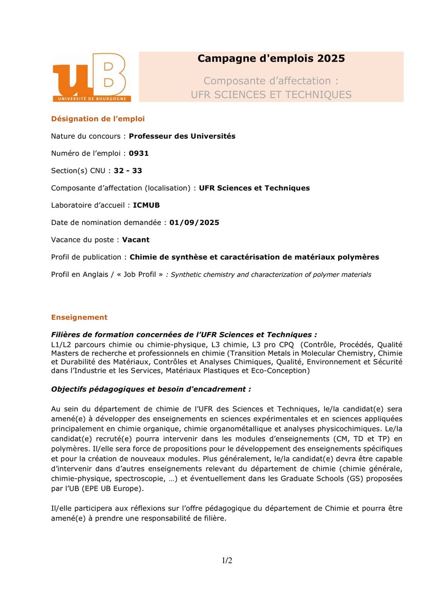 fannybonnetumet's tweet photo. Poste PR 32-33 Chimie organométallique/Catalyse de polymérisation à l'ICMUB de Dijon https://t.co/1oTCsYAHmS