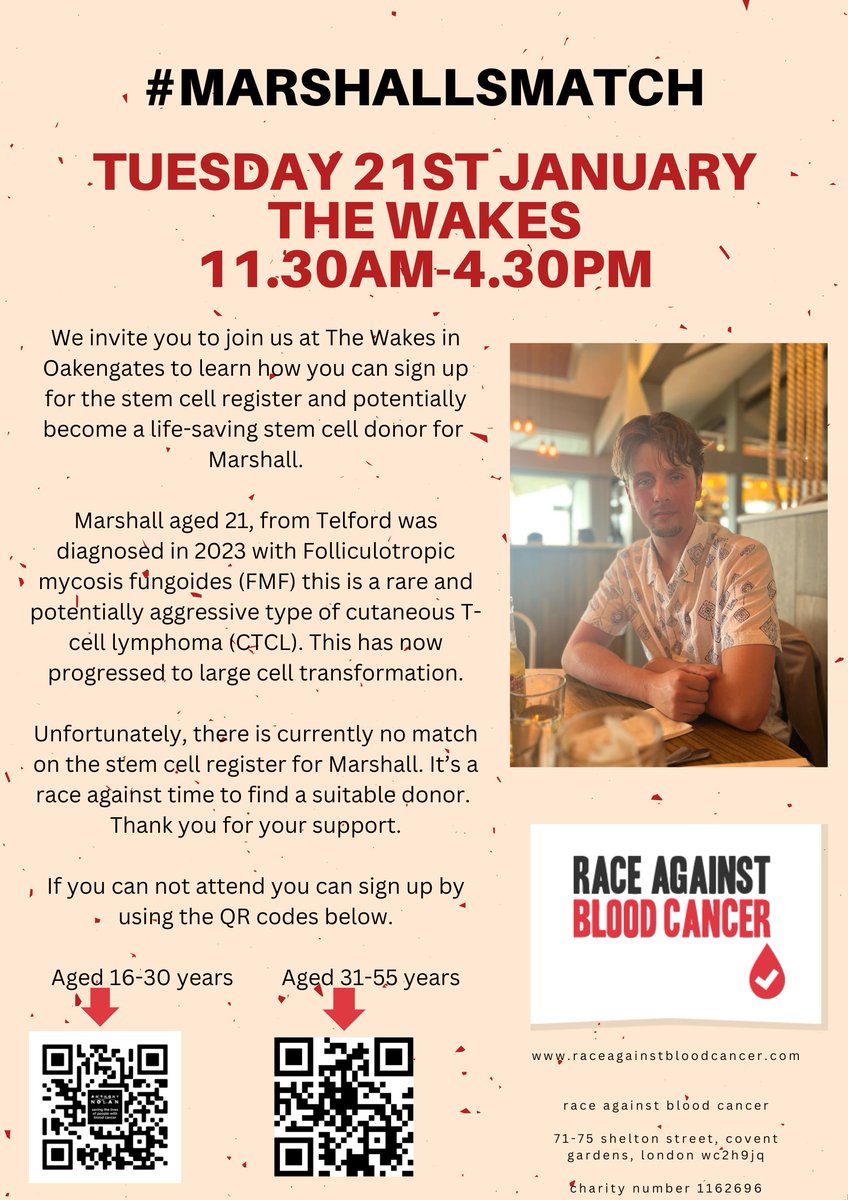 Race Against Blood Cancer will be at The Wakes in Oakengates on Tuesday 21 January from 11.30am to 4.30pm to raise awareness on how you can sign up for the stem cell register and potentially become a life-saving stem cell donor for Marshall.