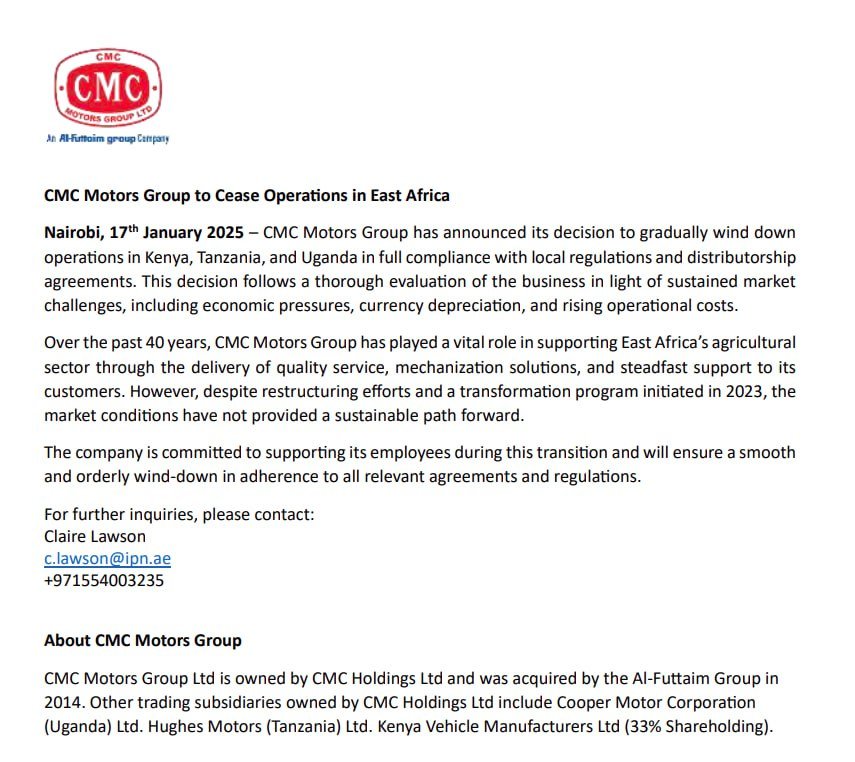 jumaf3's tweet photo. CMC Motors is leaving the East African market (Kenya, Uganda, and Tanzania.) https://t.co/GdSHrxgJIM