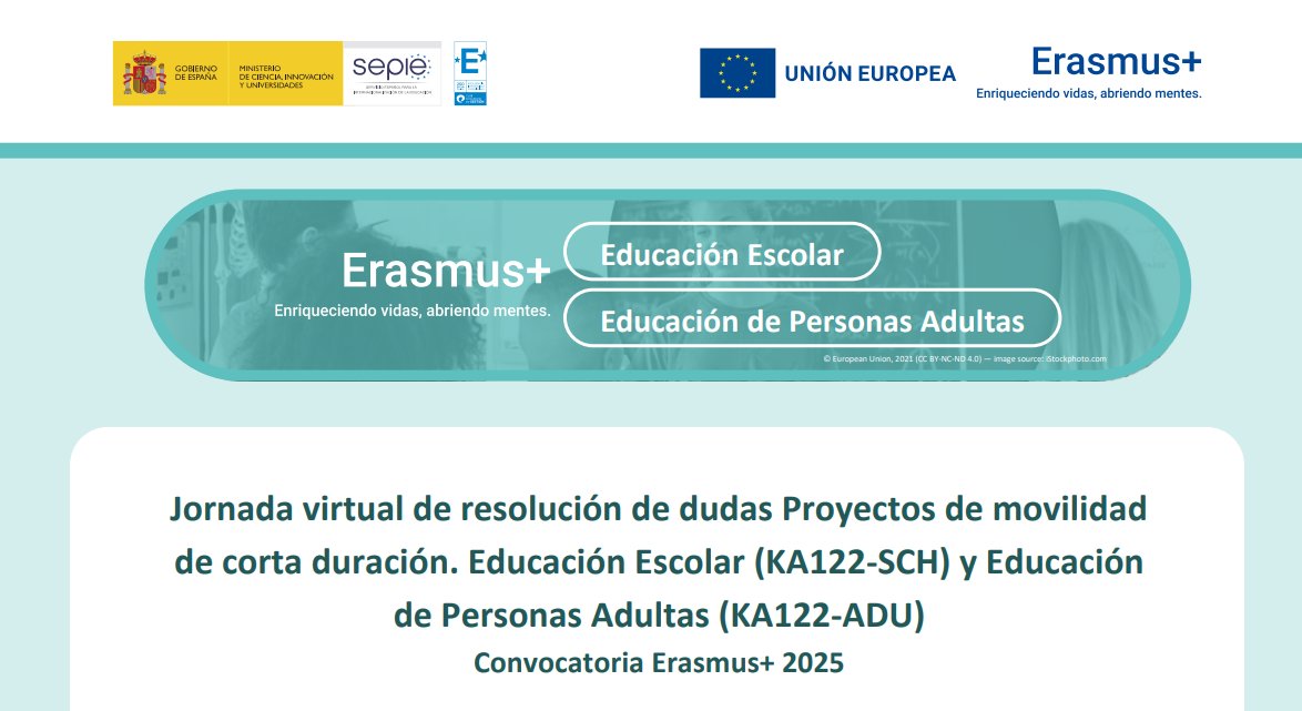 📢SEPIE organitza una Jornada de resolució de dubtes de projectes de curta durada KA122SCH/ADU, convocatòria 2025!
👇👇
🗓️28 de gener, de 12:00 h a 14:30 h, format virtual
🏷️Inscripció fins 27 gener🔗tuit.cat/e5lUL
🔗Programa: tuit.cat/mScL7