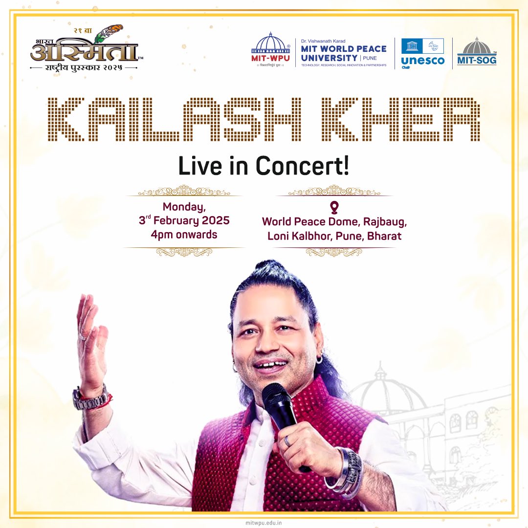 Founder’s Day at the World Peace Dome 
3rd Feb 2025 | 📍 Rajbaug, Pune, Bharat

✨ Highlights:
1️⃣ Bharat Asmita National Awards
2️⃣ Live concert by Kailash Kher 🎶
3️⃣ Tributes to Rev. Prof. Dr. Vishwanath Karad

Celebrate science, spirituality &amp; peace!

#FoundersDay