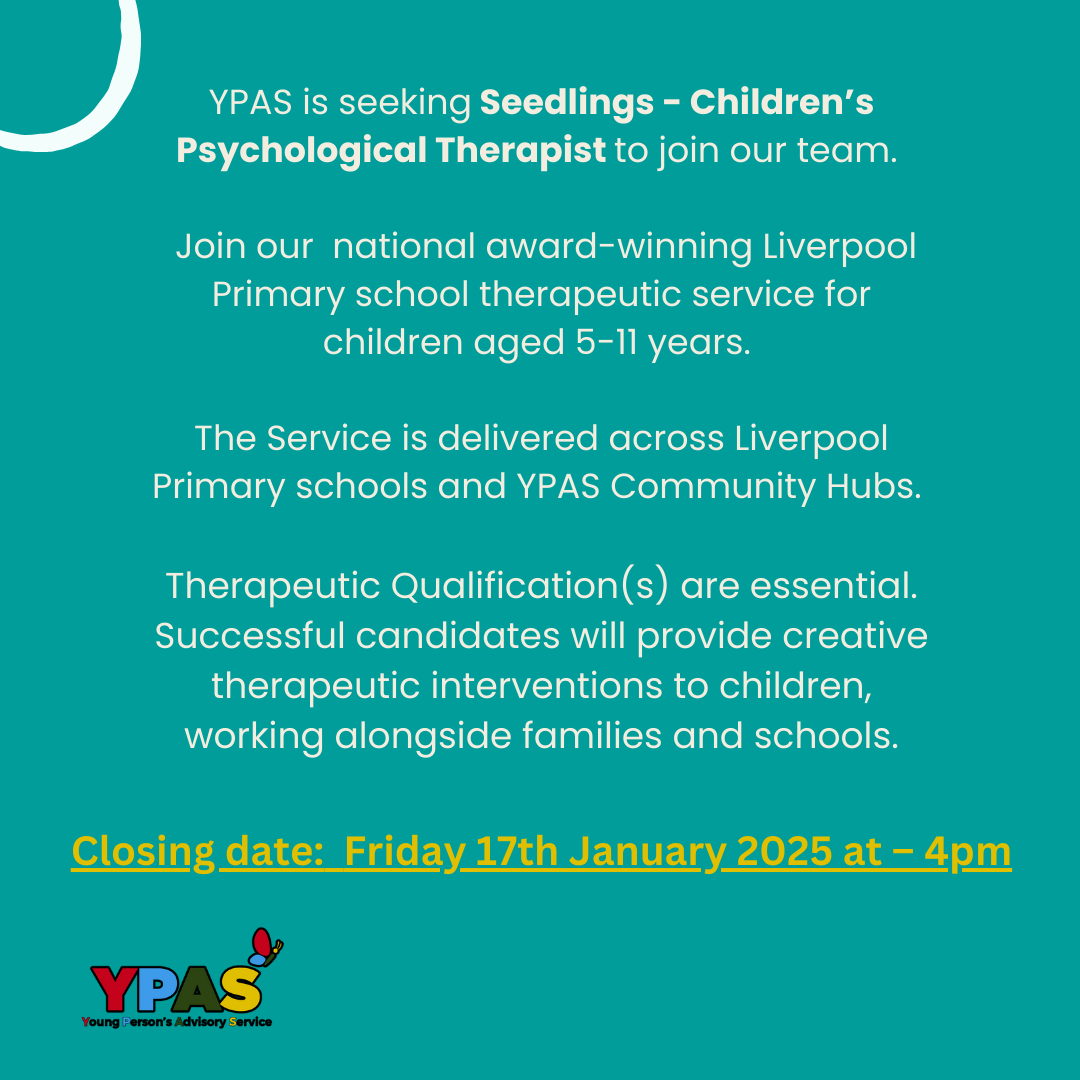 YPASLiverpool's tweet photo. 📢LAST CHANCE APPLY NOW!
YPAS is seeking children’s therapist to join its national award-winning Liverpool Primary school therapeutic service for children aged 5-11 years. 

To request an application pack email ➡️recruitment@ypas.org.uk quoting ref #:SCT2025 

#Recruitment #YPAS https://t.co/fHvAaJcciC