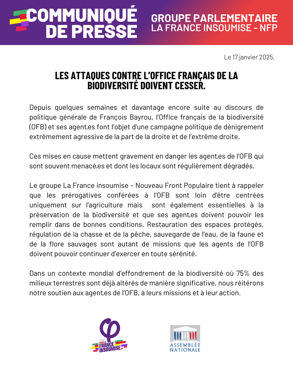 FiAssemblee's tweet photo. 🔴📄 Dans un contexte mondial d’effondrement de la biodiversité où 75% des milieux terrestres sont déjà altérés de manière significative, nous réitérons notre soutien aux agent·es de l’Office français de la biodiversité, à leurs missions et à leur action.

Notre communiqué ⤵️ https://t.co/phvFcIHP4y