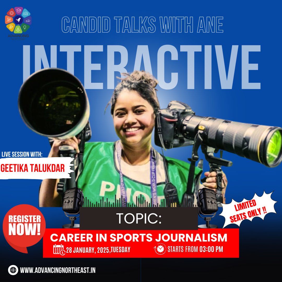We’re thrilled to host Geetika Talukdar, a seasoned sports journalist, photographer, and the first Indian woman accredited to cover the Olympics on 28th January 2025 starting from 3:00 PM at NEDFi House
Topic: Career in Sports Journalism
🔗 Register now:  events.advancingnortheast.in/candid-talks-w…