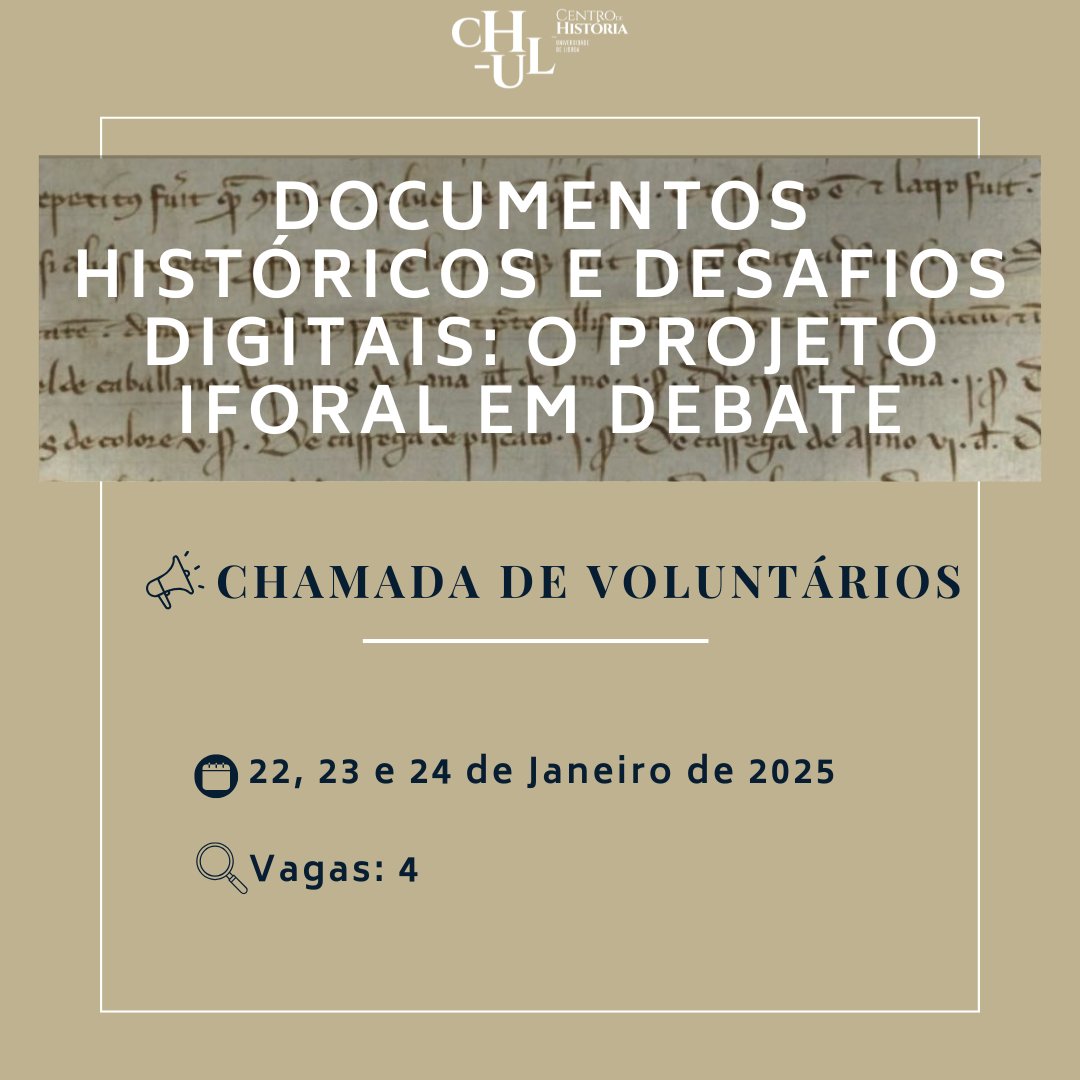 [📢Chamada de voluntários] Colóquio Internacional Documentos Históricos e Desafios Digitais: o projeto iForal em Debate

São necessários 4 voluntários para que se realize o evento infra. 

Poderá efectuar a inscrição no seguinte formulário: shorturl.at/x8zxq