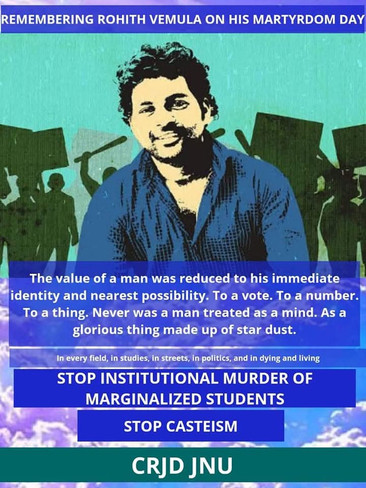 "The value of a man was reduced to his immediate identity and nearest possibility. To a vote. To a number. To a thing. Never was a man treated as mind."

Remembering #RohitVemula on his Martyrdom Day