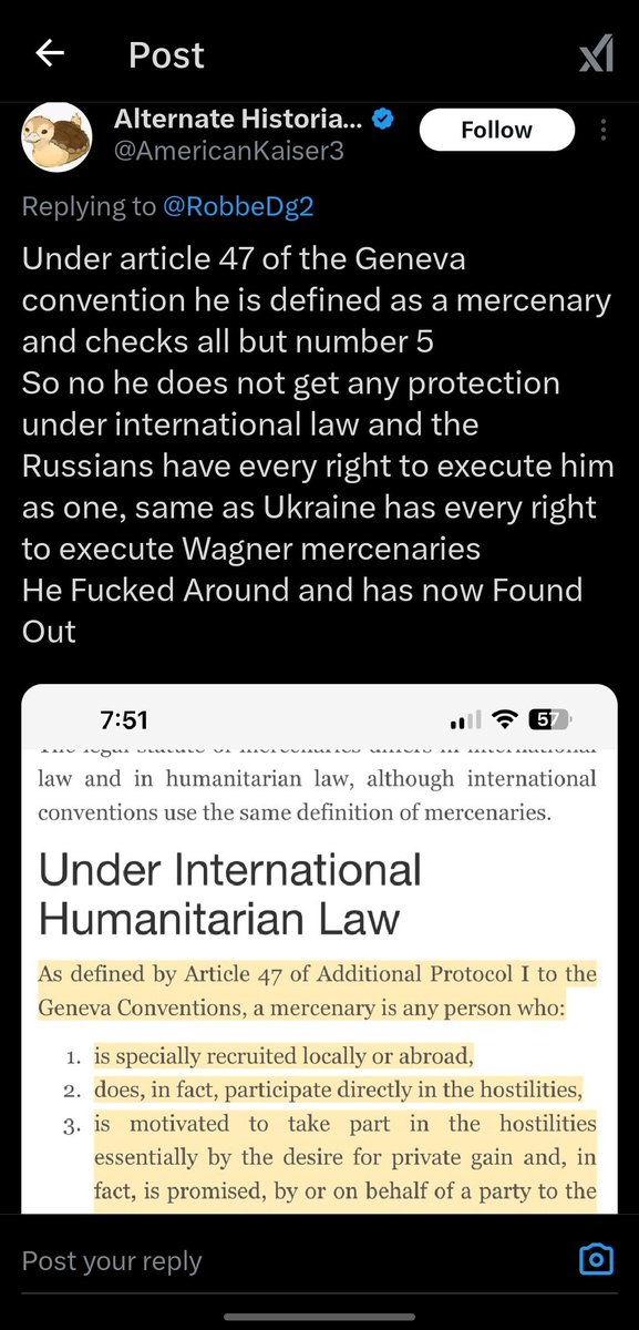 RobbeDg2's tweet photo. @StandSure8 @DrewPavlou Had a vatnik argue he was a mercenary citing a document that states he wasn't a mercenary... even saying he didn't meet all the requirements but was a mercenary anyways.... https://t.co/FLpDnN3lsa
