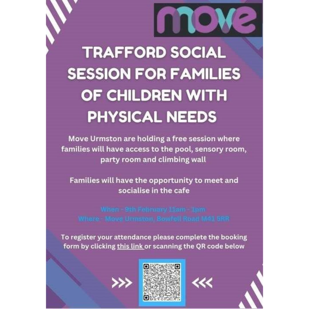 Families of children with physical needs! 🌈 Join Move Urmston for a FREE Trafford Social on Feb 9, 11 am - 1 pm. Register below! 💖 #TraffordSocial #FamilyFun 🔗ow.ly/kMC150UGJ2B