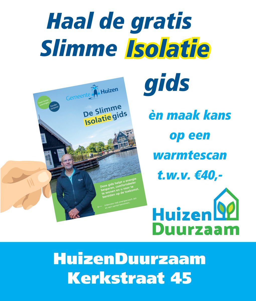 Gemeente_Huizen's tweet photo. Vanaf 20 januari is de Slimme Isolatiegids gratis op te halen bij HuizenDuurzaam (Kerkstraat 45). De eerste 50 inwoners met een koopwoning krijgen een gratis warmtescan! Meer info: https://t.co/jzOsv7C3Vx. https://t.co/6mswylSQXp