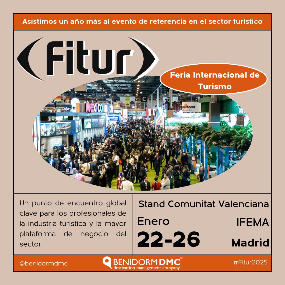 🌍 ¡Nos vemos en 𝐅𝐈𝐓𝐔𝐑 2025!

💡 Este año volvemos a participar en el evento de referencia del sector turístico para posicionar a Benidorm y la Costa Blanca como destinos clave para eventos corporativos internacionales.