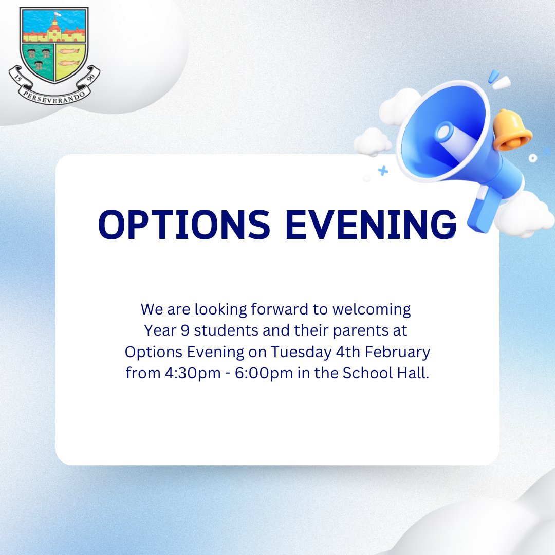 We are looking forward to welcoming Year 9 students and their parents at Options Evening on Tuesday 4th February from 4:30pm - 6:00pm in the School Hall.