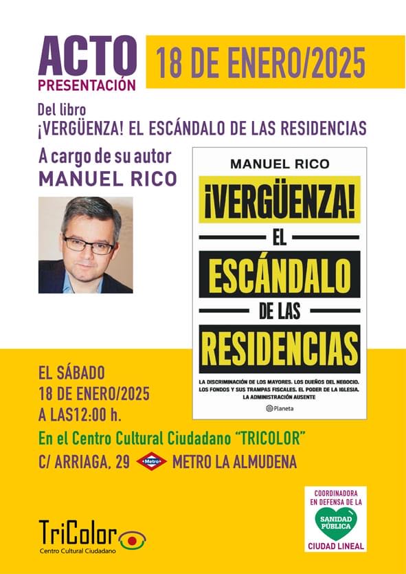 El libro de Manuel Rico te acerca a comprender, a la vez que a indignarte, el negocio que hay montado alrededor del sector. Acude, si puedes, mañana a las 12h al CC Ciudadano en la C/Adriana, 29.
#ResidenciasPúblicasDeCalidad