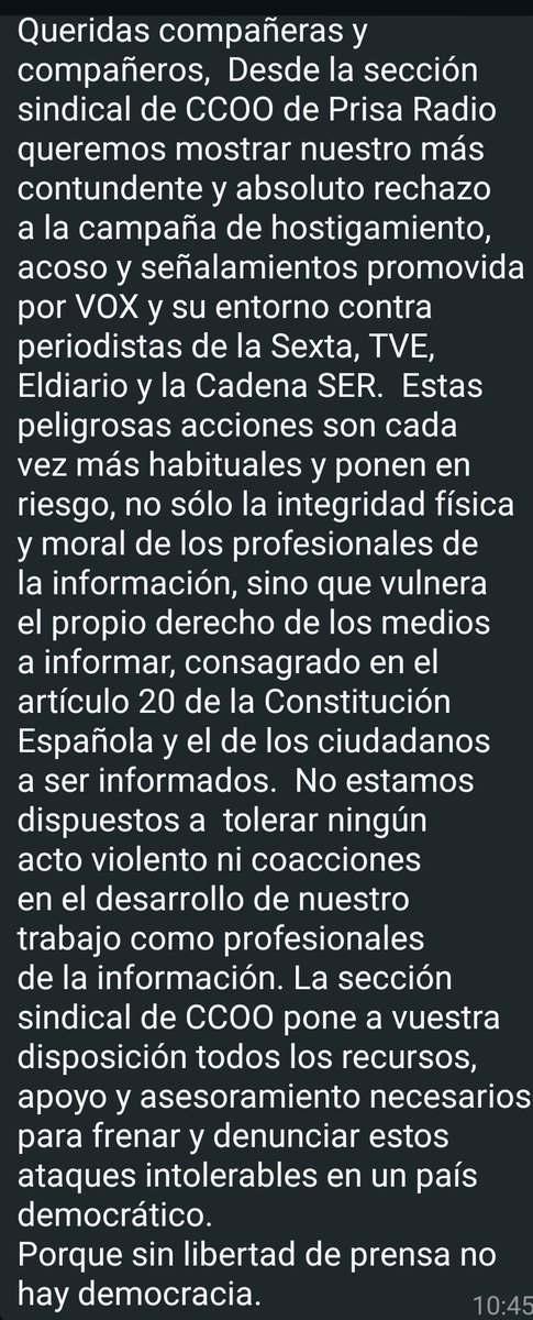 Desde la sección sindical de CCOO de Prisa Radio queremos mostrar nuestro más contundente y absoluto rechazo a la campaña de hostigamiento, acoso y señalamientos promovida por VOX y su entorno contra periodistas de la Sexta, TVE, Eldiario y la Cadena SER.