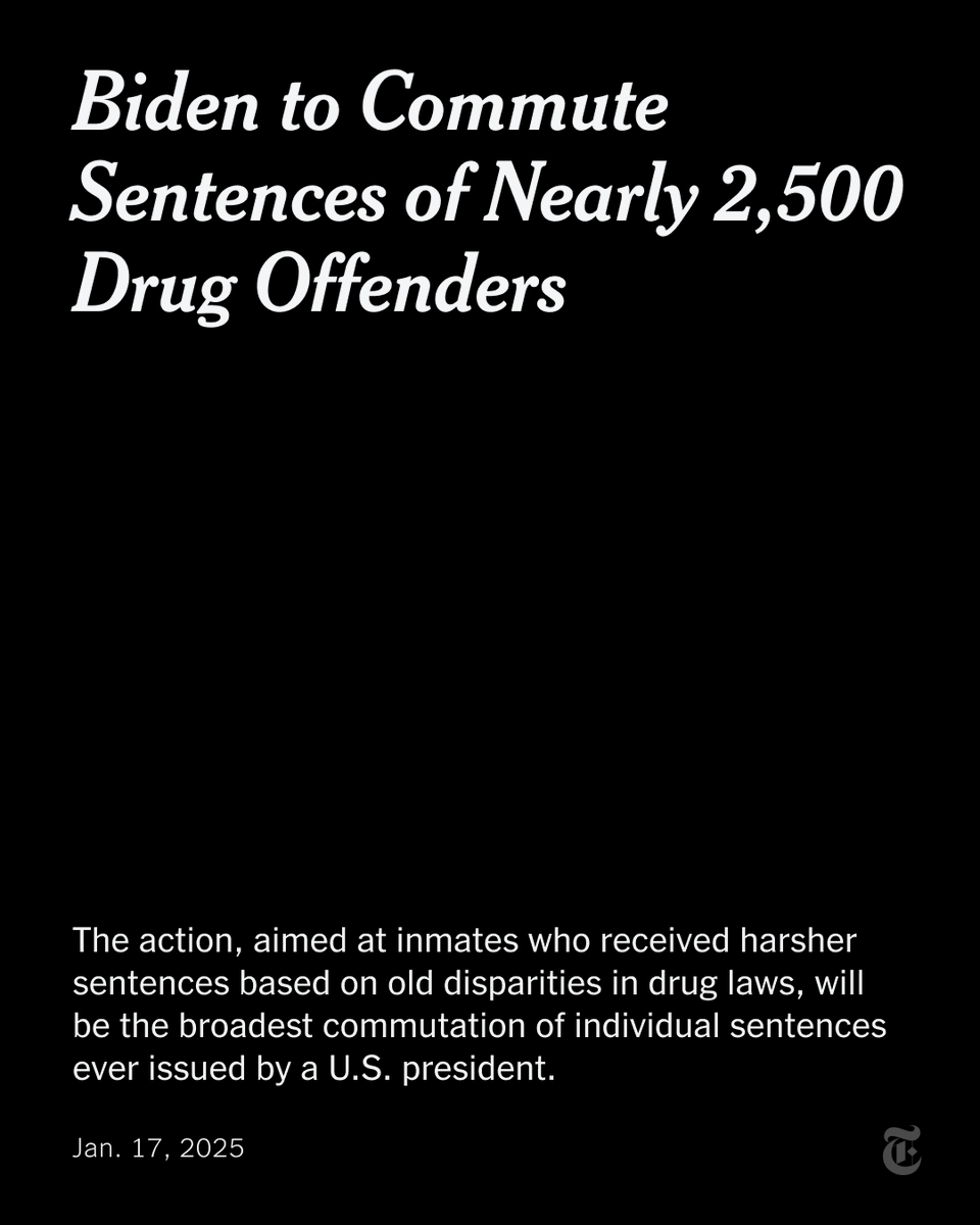Breaking News: President Biden said he would commute the sentences of nearly 2,500 nonviolent drug offenders in one of the broadest such actions by a U.S. president. nyti.ms/4gXsCFw