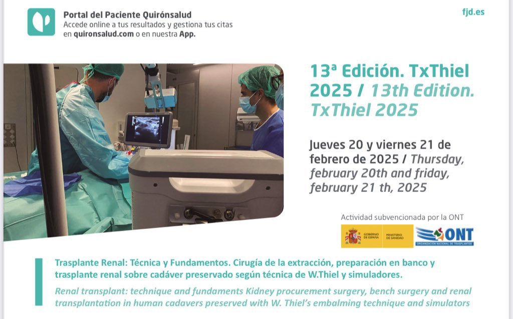 #TxThiel25 Apúntate al
Curso de referencia en extracción y #trasplante renal (20 y 21 febrero)

💥Últimas plazas subvencionadas por la <a href="/ONT_esp/">Organización Nacional de Trasplantes</a> 💥

💻 Inscríbete ya en txthiel@rgcomunicacion.es

<a href="/ResidentesAEU/">RAEU - Spanish Urology Residents Working Group</a> <a href="/TrasplanteAEU/">Trasplante Renal - (AEU)</a> <a href="/AEEU_Enfuro/">AEEU Enfuro</a> <a href="/Hospital_FJD/">Fundación Jiménez Díaz</a> <a href="/fuam_uam/">FundaciónUAM</a>