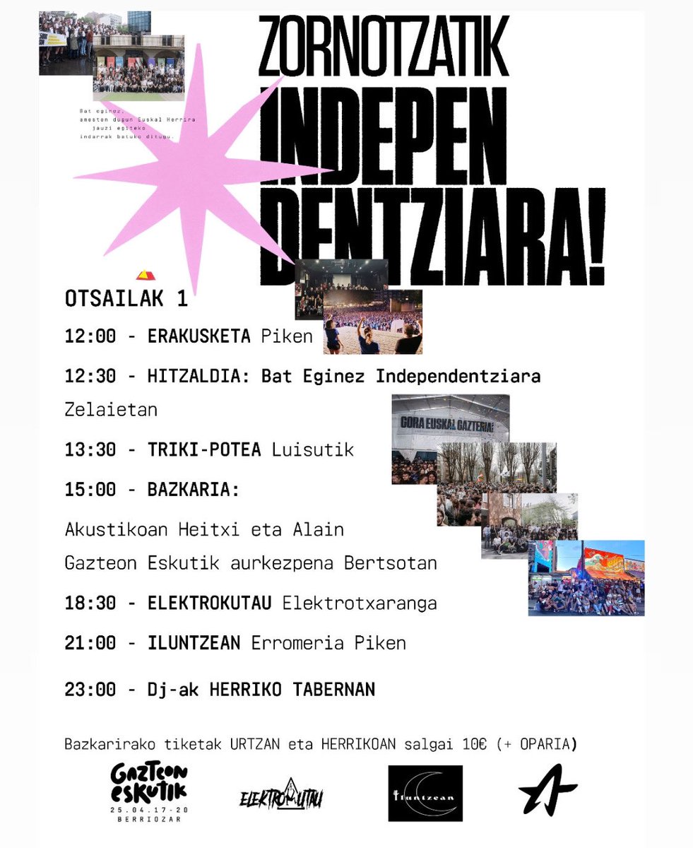 Zornotzar gazteok argi dugu, bertatik erabaki ahal izateko, herri aske, feminista eta sozialista izateko independentzia beharrezkoa dugu! 

Otsailaren 1ean Zornotzan.📍🫂💐