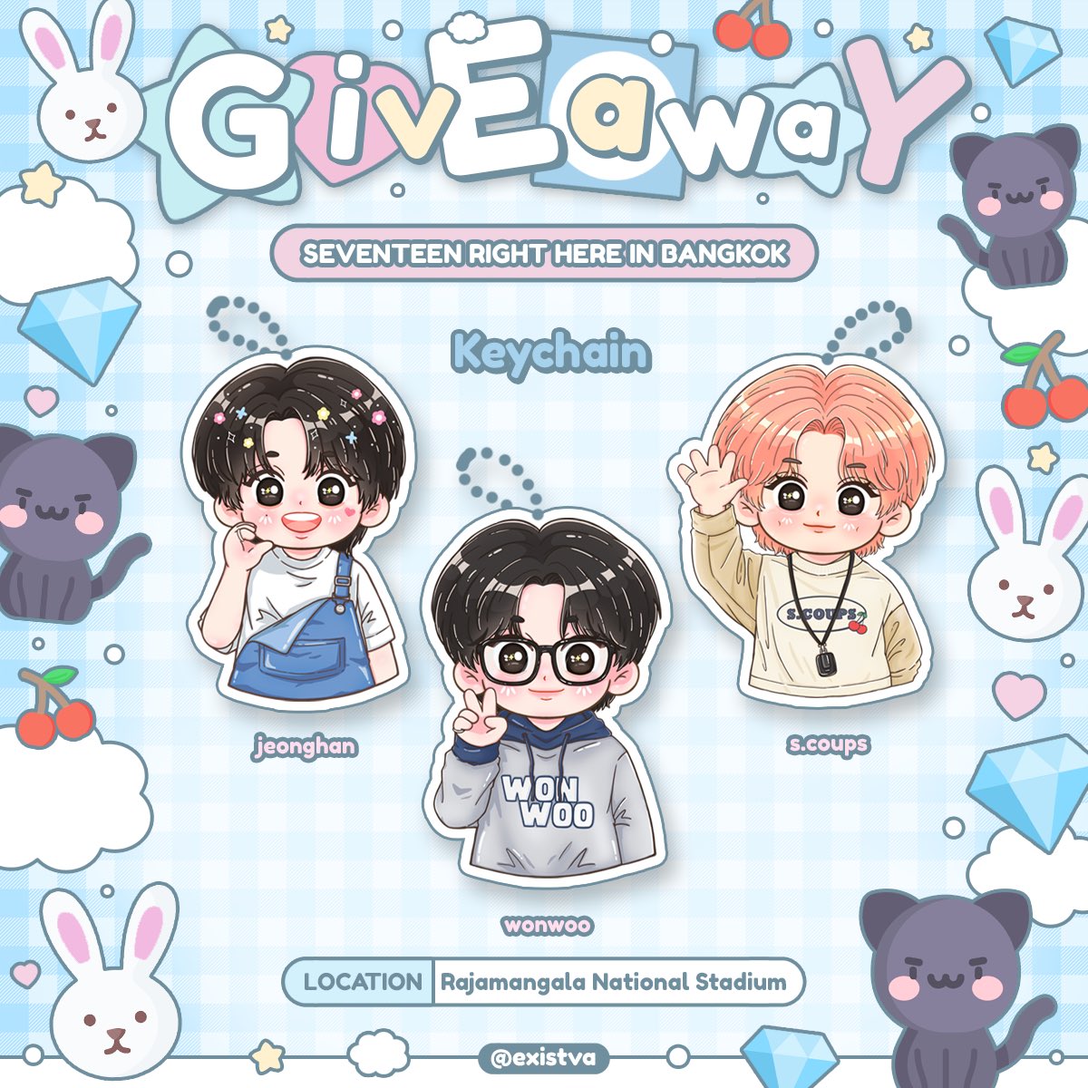 ꩜ — 𝑷𝒍𝒔 𝒓𝒕 ໒꒱ ‧₊˚

𓊆ྀི𝑮𝒊𝒗𝒆𝒂𝒘𝒂𝒚𓊇ྀི ⋆𐙚₊˚⊹♡
#SVT_RIGHT_HERE_IN_BANGKOK 

➤𝑲𝒆𝒚𝒄𝒉𝒂𝒊𝒏 (𝟣ᴇᴀ/ᴘᴇʀ)
ꔛ 𝑆.𝑐𝑜𝑢𝑝𝑠 
ꔛ 𝐽𝑒𝑜𝑛𝑔ℎ𝑎𝑛 
ꔛ 𝑊𝑜𝑛𝑤𝑜𝑜

𝐷𝑎𝑡𝑒 : 𝑇𝐵𝐴
𝑇𝑖𝑚𝑒 : 𝑇𝐵𝐴

#กะรัตพระเวสสันดร