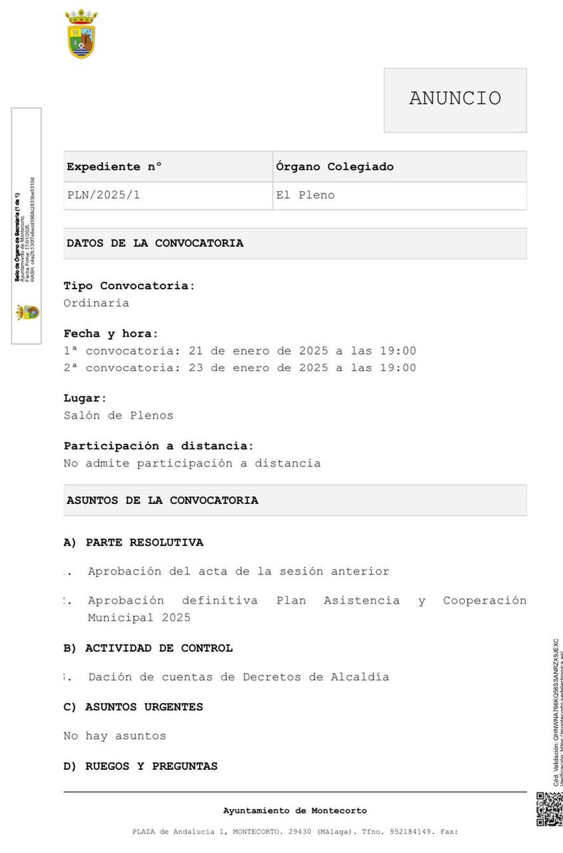 Pleno ordinario del Ayuntamiento de Montecorto.
