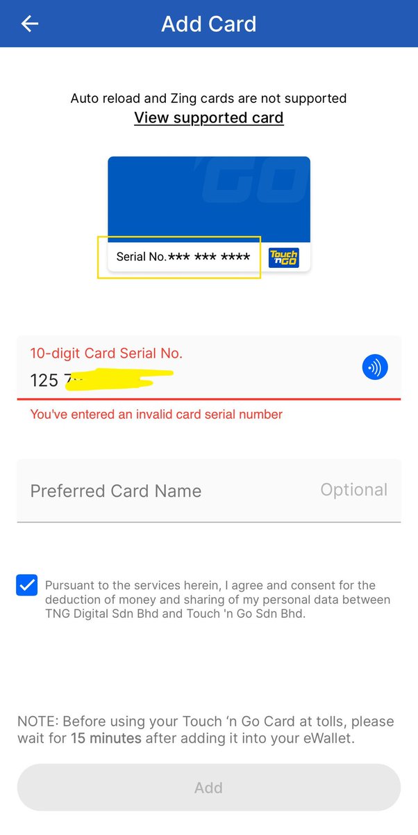 lightituppp_'s tweet photo. @MyTouchnGo MyKad tak boleh register dalam Touch N Go app ke? Bila enter serial number dapat error. Padahal ikut bulat2 steps dalam FAQ page ni https://t.co/lwF4RfmLUL https://t.co/jFytg1Sqf8