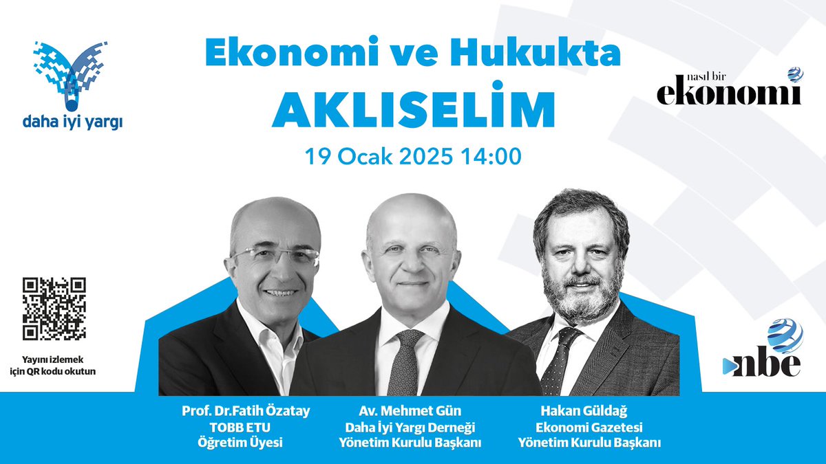 dahaiyiyargi's tweet photo. EKONOMİ Gazetesi ile Daha İyi Yargı Derneği'nden; “Ekonomi ve Hukukta AKLISELİM”

Ülke çapında gerçekleştirdiğimiz, hem makro düzeyde #ekonomi ve #hukuk konularını, hem de yöresel sorunları tartıştığımız, sosyal medyada canlı olarak yayınlayıp, tartışmaları ve çıktılarını haberleştirdiğimiz "Ekonomi ve Hukuk Buluşmaları"nı, bir adım ileri götürerek "Ekonomi ve Hukukta #AKLISELİM"i başlatıyoruz.

Amacımız, ülkemize en yüksek yararı sağlayacağı düşünülen, ekonomi ve hukuk alanlarının kesiştiği konularda, #tarafsız bir yaklaşımla farklı görüşlerin konuşulup tartışılmasını sağlamak, farkındalık oluşturmak, sorunlar ve sorunların kök sebeplerini tespit ederek, çözümler ve öneriler geliştirmek.

İlk yayınımızla #pazar günü 14:00’te @NBE_TV’de’yiz.