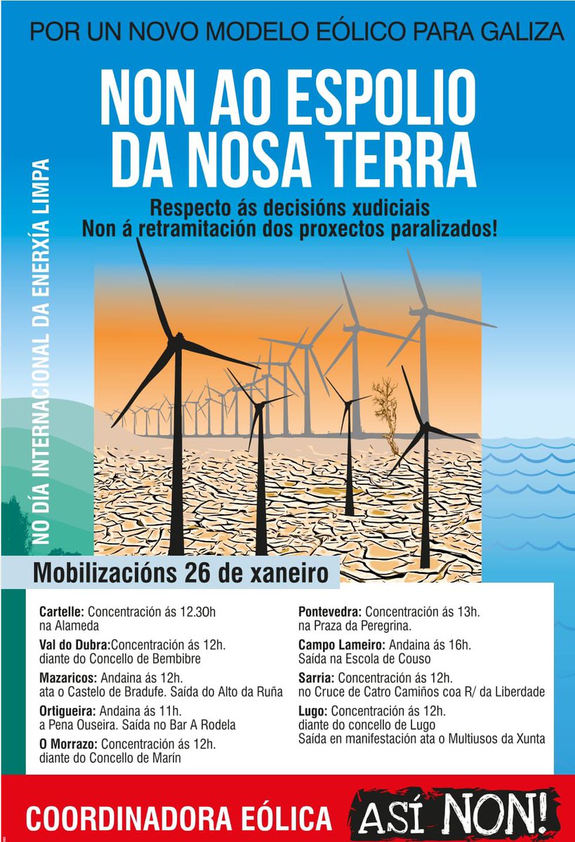 NON AO ESPOLIO
Mobilizacións o domingo 26 de xaneiro.
Ollo❗️ A concentración en #CARTELLE será ás 12:30 horas.
#eólicasasínon #temosalternativa #manifestación #ecoloxismo #enerxíalimpa