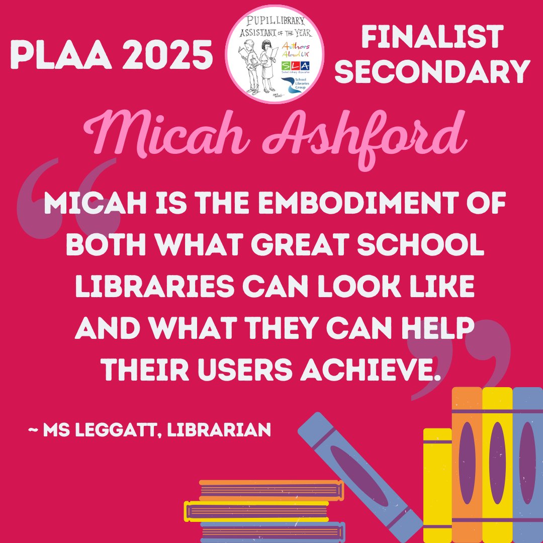 Today’s spotlight Secondary School Finalist for the PLAA 2025 is Micah from <a href="/OaksParkHighSch/">Oaks Park High Sch</a>.

Micah says, ‘The library has always been a welcoming and safe place for me and I have worked hard to help it feel the same for other students.'

<a href="/UKSLA/">School Library Association (SLA)</a> <a href="/CILIPSLG/">CILIP SLG</a>