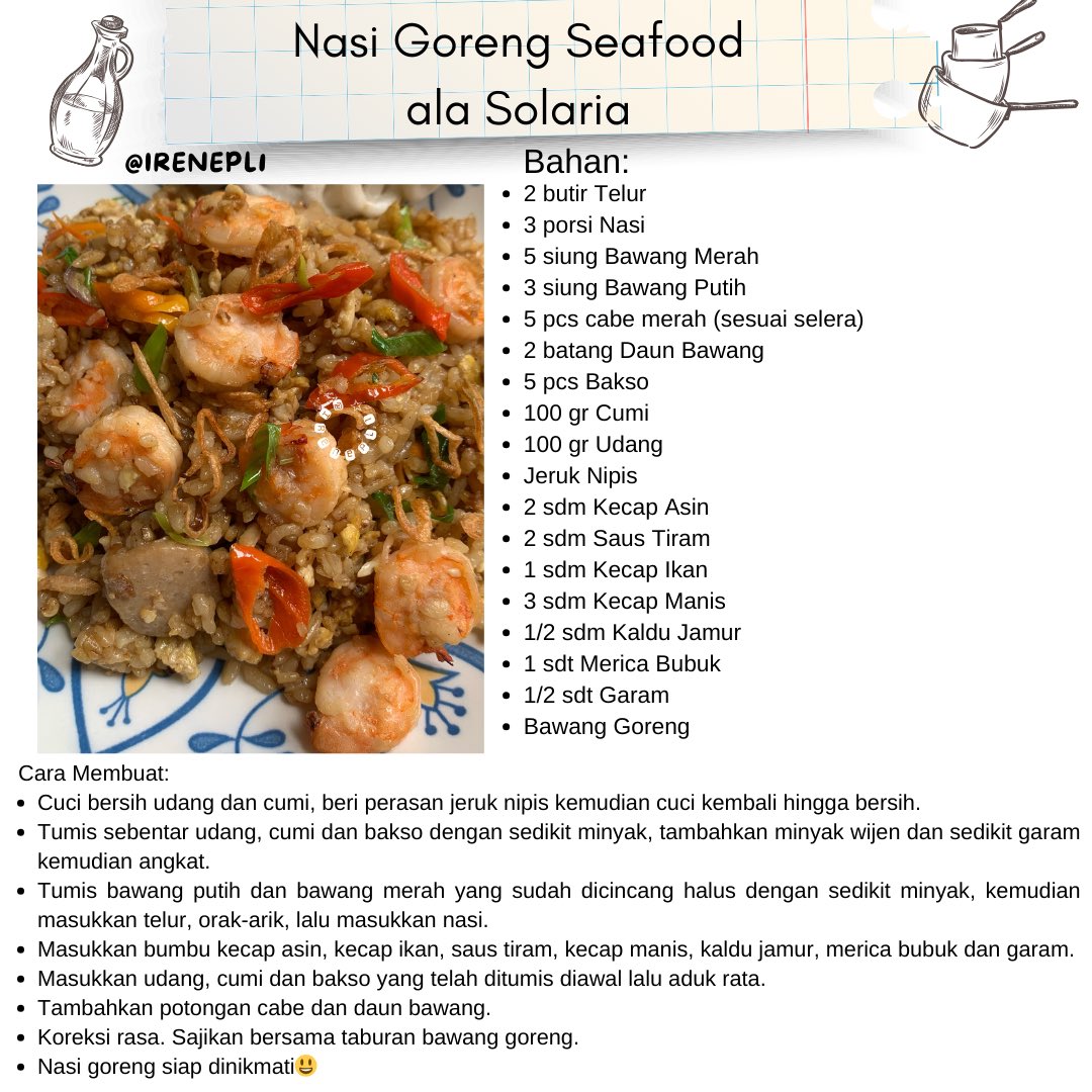 irenepl1_'s tweet photo. Resep Nasi Goreng Seafood ala Solariaw
🍛

Maaf udah kelamaan yah aku berhutang resep ini😆🙏🏻 https://t.co/T8Kl0LYhTl