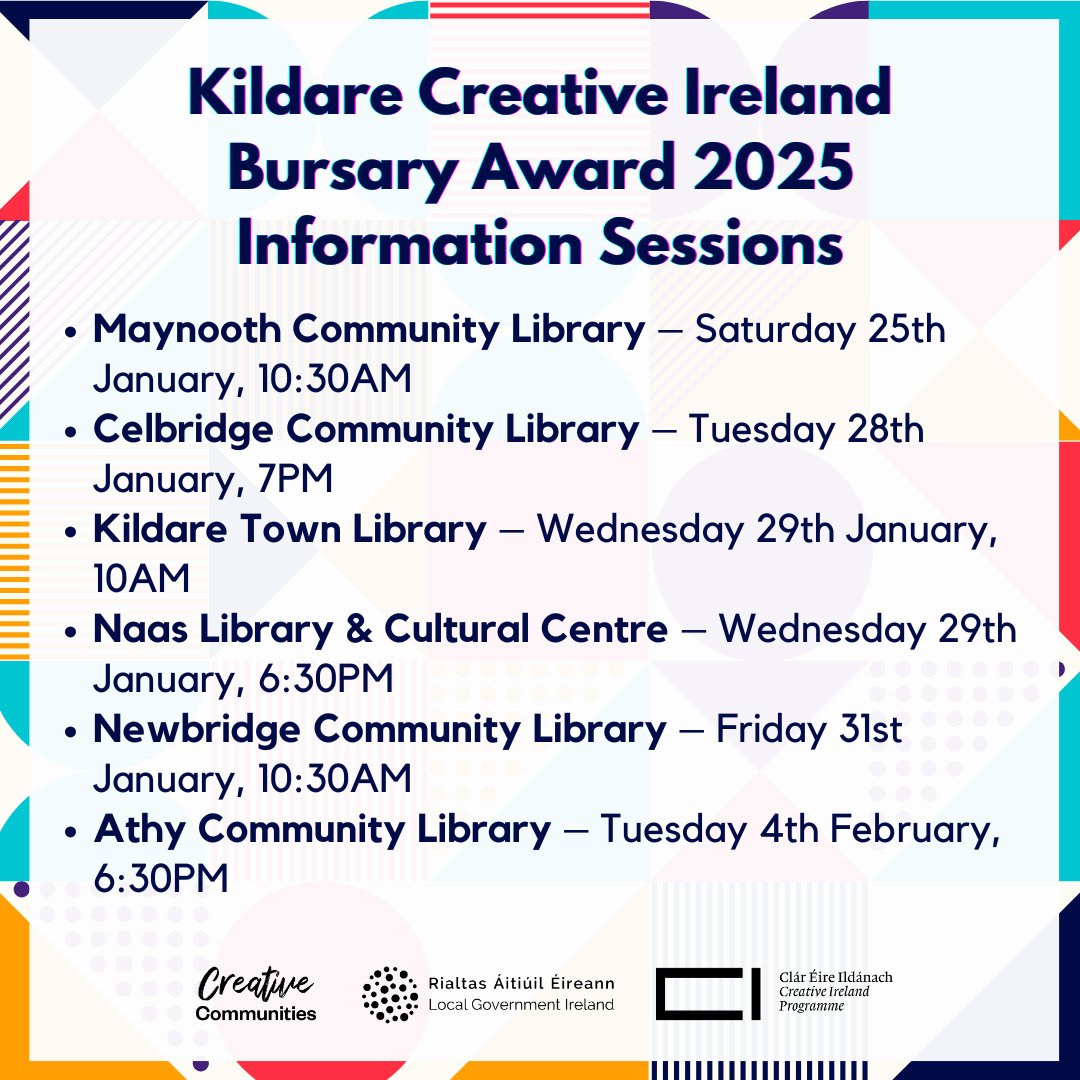 Kildare Library Service (@kildarelibrary) on Twitter photo Interested in applying for the Kildare Creative Ireland Bursary 2025?
<a href="/KildareCoCo/">Kildare County Council</a> will host a number of Creative Communities Information Sessions about the strategic priorities of the <a href="/creativeirl/">Creative Ireland</a> programme in Kildare and related funding opportunities.
These sessions will be Interested in applying for the Kildare Creative Ireland Bursary 2025?
<a href="/KildareCoCo/">Kildare County Council</a> will host a number of Creative Communities Information Sessions about the strategic priorities of the <a href="/creativeirl/">Creative Ireland</a> programme in Kildare and related funding opportunities.
These sessions will be