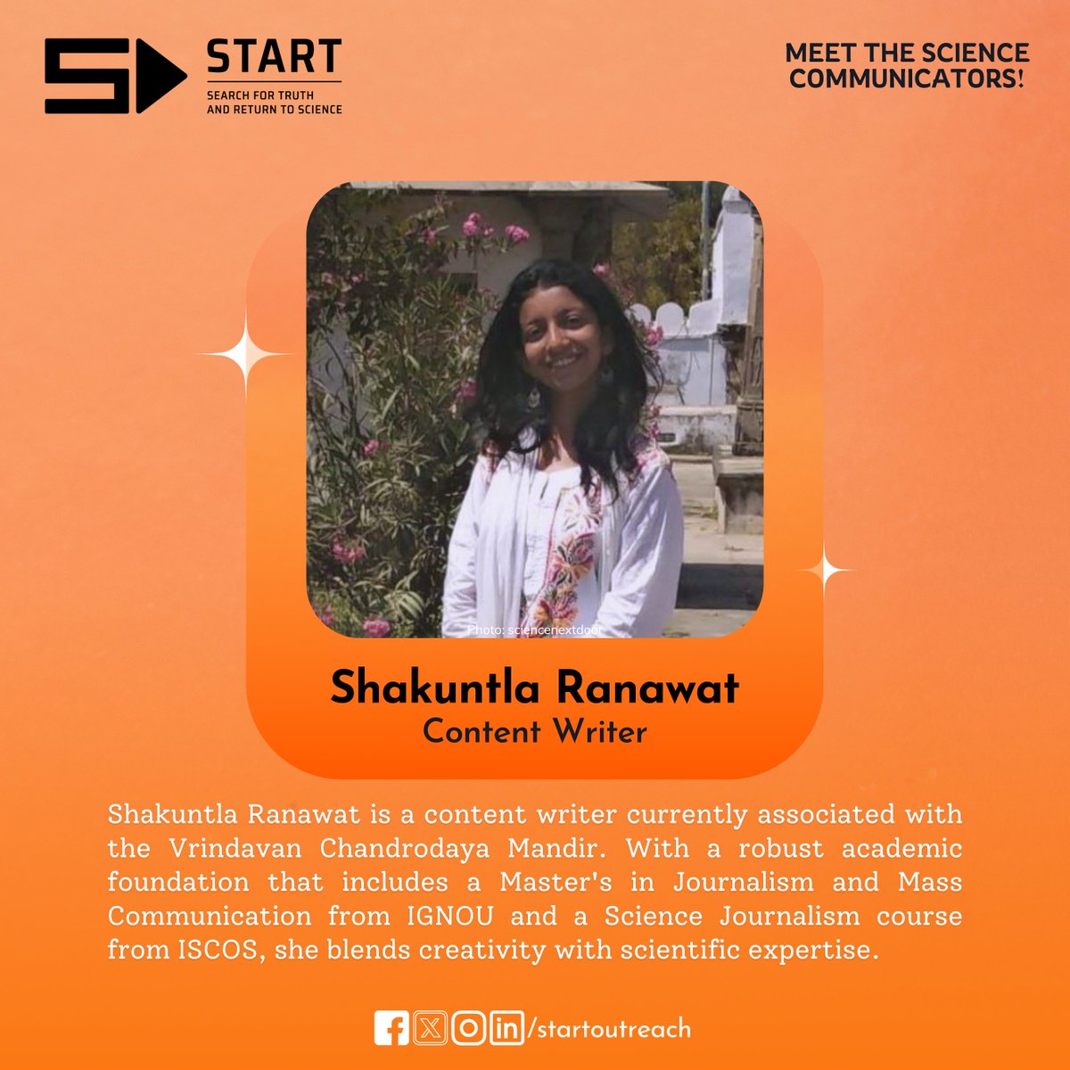 STARToutreach's tweet photo. Shakuntla Ranawat is a dynamic #content #writer at #VrindavanChandrodayaMandir and a former #ScienceWriter at #ScienceNextDoor.

1/4 https://t.co/fghAW7WGma