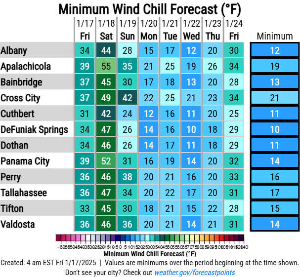 NWSTallahassee's tweet photo. 1/17/25 8AM EST 🥶🌡️📉

We're chilly this AM, wet this weekend, then VERY COLD starting early next week. Our forecast max temps &amp; min wind chills are FRIGID Mon-Thu! As for winter precip, a LOW chance still exists some time between late Mon &amp; early Wed. #FLwx #GAwx #ALwx https://t.co/KCjcrEYNRr