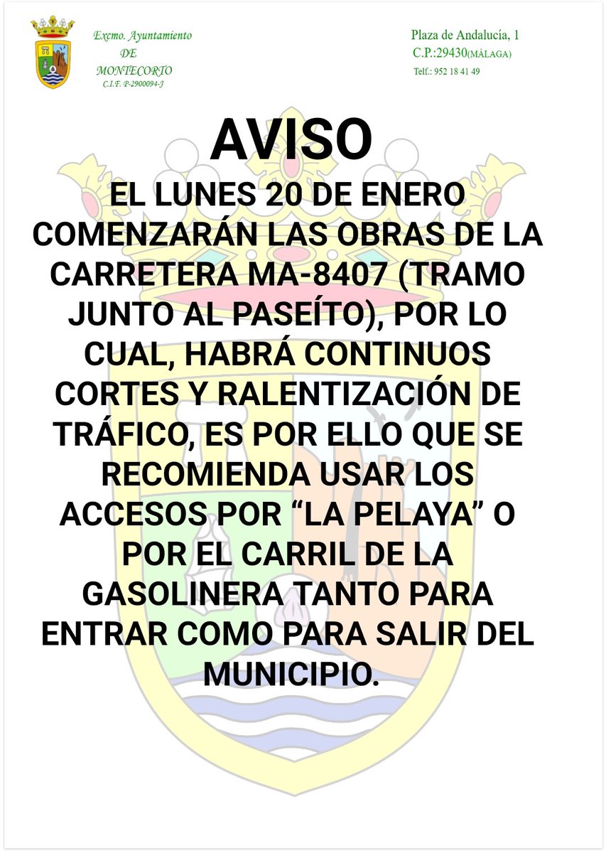 Comunicación sobre obras en carretera MA-8407 (Tramo junto al paseíto).