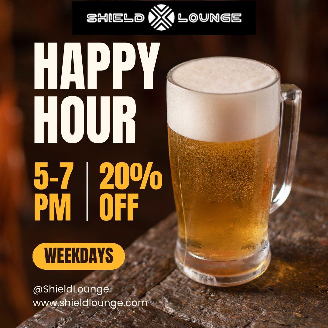 shieldlounge's tweet photo. Skip the traffic and unwind at Shield Lounge! 🍹 Join us for Happy Hour every weekday 5-7pm and cool off with great vibes, drinks, and relaxation. Why stress when you can chill? 😉 #ShieldLounge #Holidaze https://t.co/zBVZbtIpwD