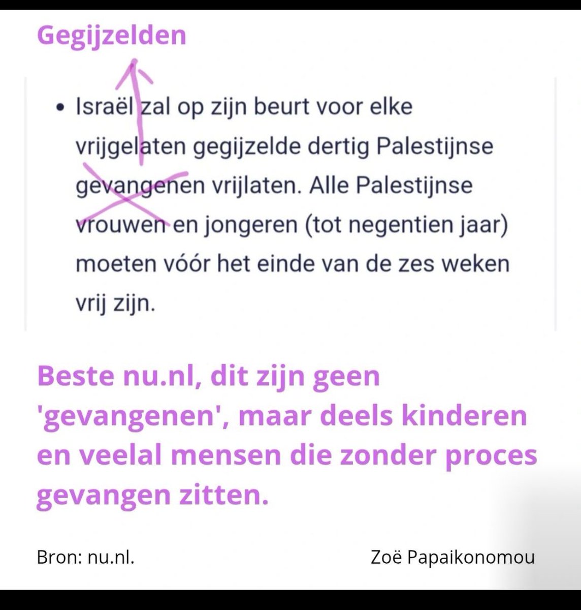 Beste <a href="/NUnl/">NU.nl</a> we hebben ‘t over kinderen, dat zijn geen gevangenen maar gegijzelden. 
Het lijkt wel of jullie dit heel bewust doen.. 

#nieuws #palestijnen #retoriek