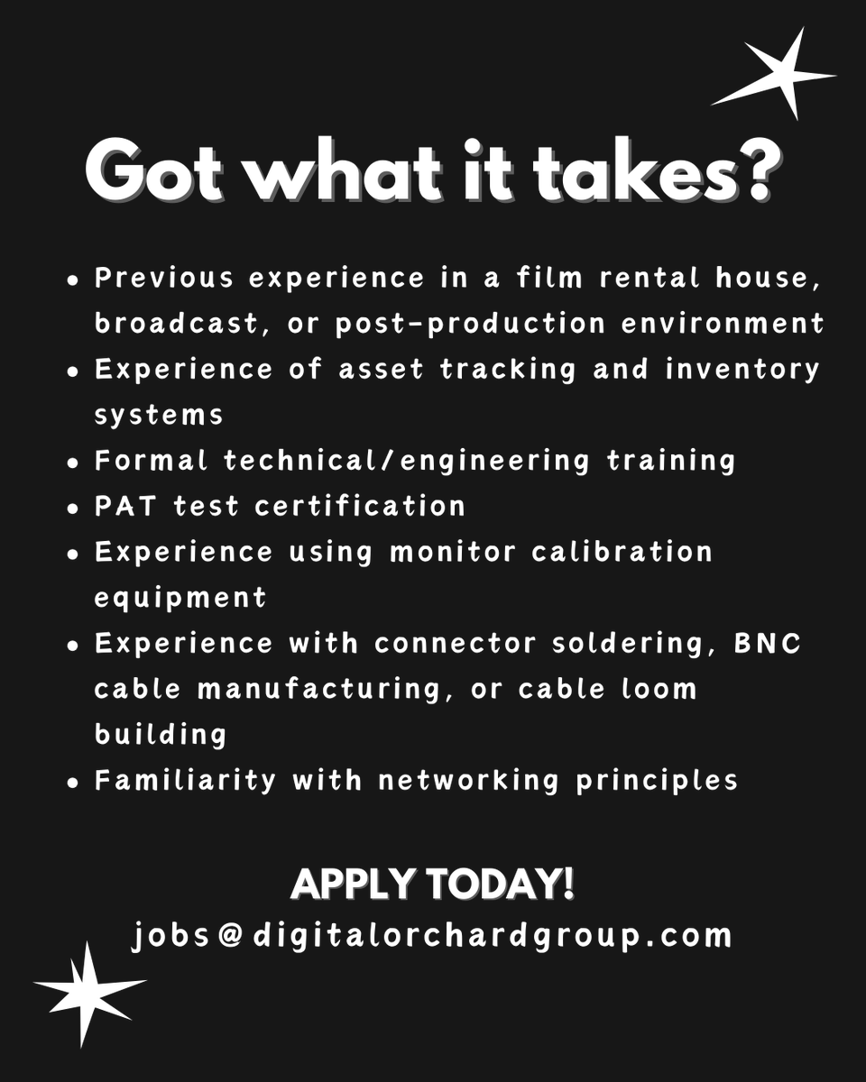 ⭐️ WE’RE HIRING ⭐️

Thrilled to share that we’re looking for a dedicated Kit Room Technician to join our growing rental operation at Digital Orchard!

🕺🏻 Sound like a bit of you? Then apply today!

Find the FULL job spec in the first link: lnkd.in/eb8Qm86u

#hiring #film