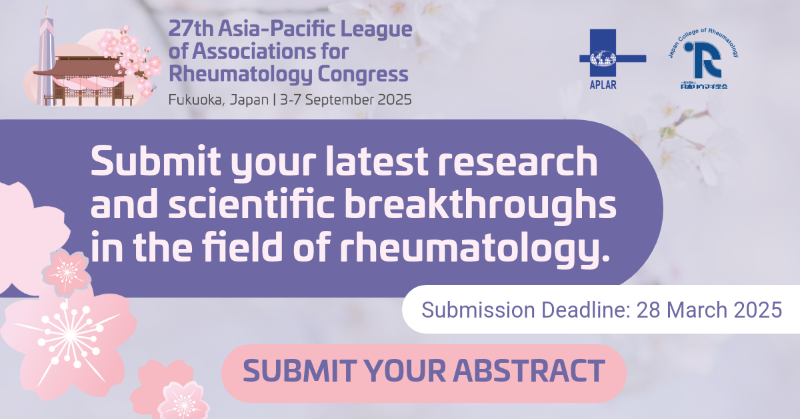 APLAR_org's tweet photo. Now accepting abstract submissions for #APLAR25! Explore the broad range of topics available for #APLAR25, and have your work published in the official APLAR Journal (IJRD).  

Submit before 28 March 2025: https://t.co/h7gpuPzjlo  

#rheumatology #autoimmune #jointpain