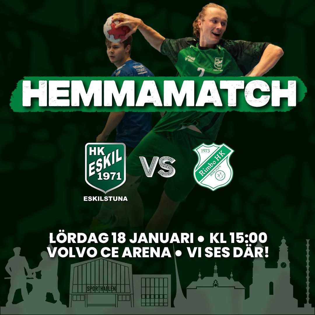På lördag smäller det! 💥 Kom och gör Volvo CE Arena grön!  💚

Lördag 18 januari kl 15:00 spelar vi hemma mot tabelltvåan Rimbo HK Roslagen - Så på med den gröna tröjan och hjälp oss till seger!
#herr1norra
#eskilstuna 
#engånggrönalltidgrön