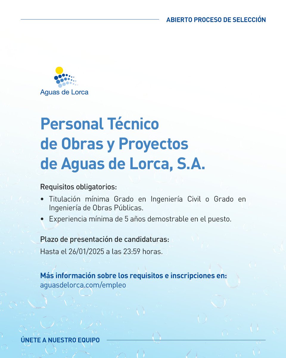 aguasdelorca's tweet photo. ¡Únete a nuestro equipo! 🌟

📢  Abrimos proceso de selección para 🔹 PERSONAL TÉCNICO DE OBRAS Y PROYECTOS.

📌 ¿Qué ofrecemos?  
- 1 posición indefinida.  
- Creación de bolsa de trabajo para futuras oportunidades.  

📌 Requisitos obligatorios:  
✅ Titulación mínima: Grado en Ingeniería Civil o Grado en Ingeniería de Obras Públicas.  
✅ Experiencia mínima demostrable de 5 años en el puesto.  

📅 Plazo de presentación de candidaturas:  
Hasta el 26/01/2025 a las 23:59 horas.  

¡No dejes pasar esta oportunidad y postula hoy en el link de nuestra bio! 📤

#AguasdeLorca #OfertaDeEmpleo #Trabajo #Lorca #TécnicoDeObrasYProyectos