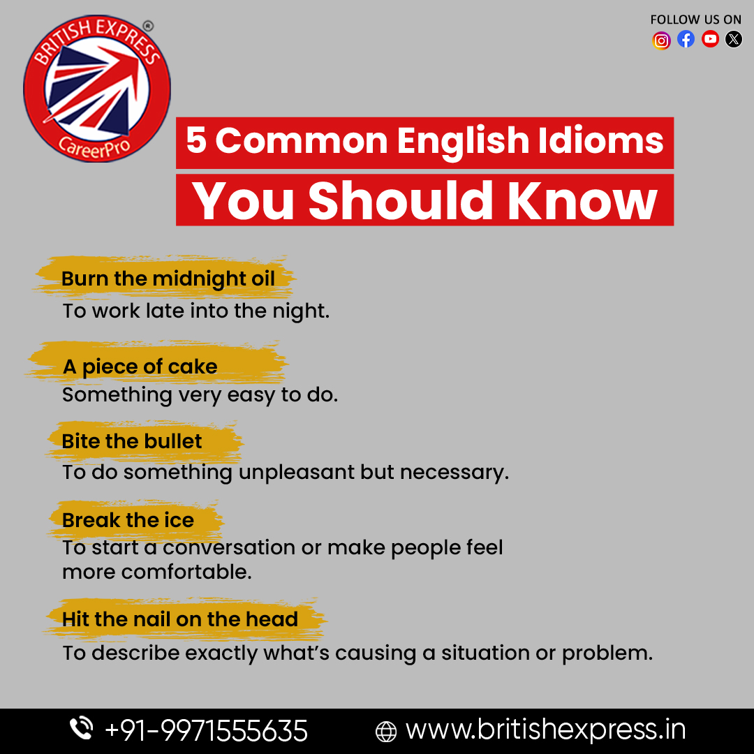 express_british's tweet photo. 🗣️Here are 5 powerful #idioms that can make your #conversations more vibrant and expressive!
🎯Join #BritishExpress to improve your skills!
📞 Phone: +91-9971555635
🌐 Visit us: https://t.co/RTQf2eYjiE
.
.
.
#englishidioms #englishpremierleague #englishteacher #englishsub https://t.co/UEnrnRuU4C