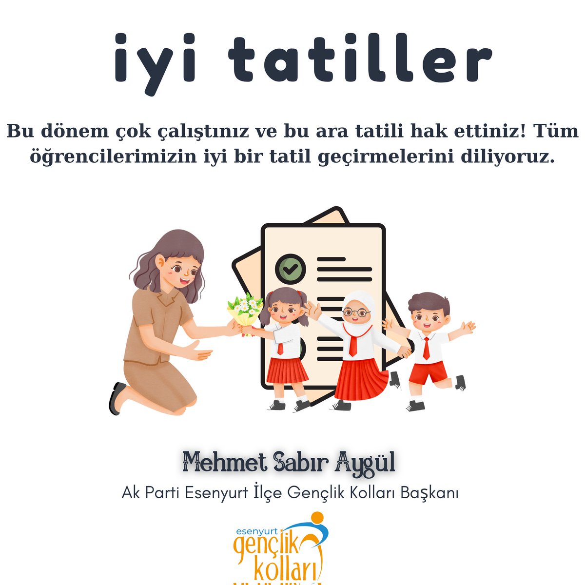 akgencesenyurtt's tweet photo. 2024-2025 Eğitim Öğretim Yılı birinci yarıyıl karnelerini alan tüm öğrencilerimizi tebrik eder, herkese iyi tatiller dileriz. 🎓📖🌞 https://t.co/nOMGCGPqxk