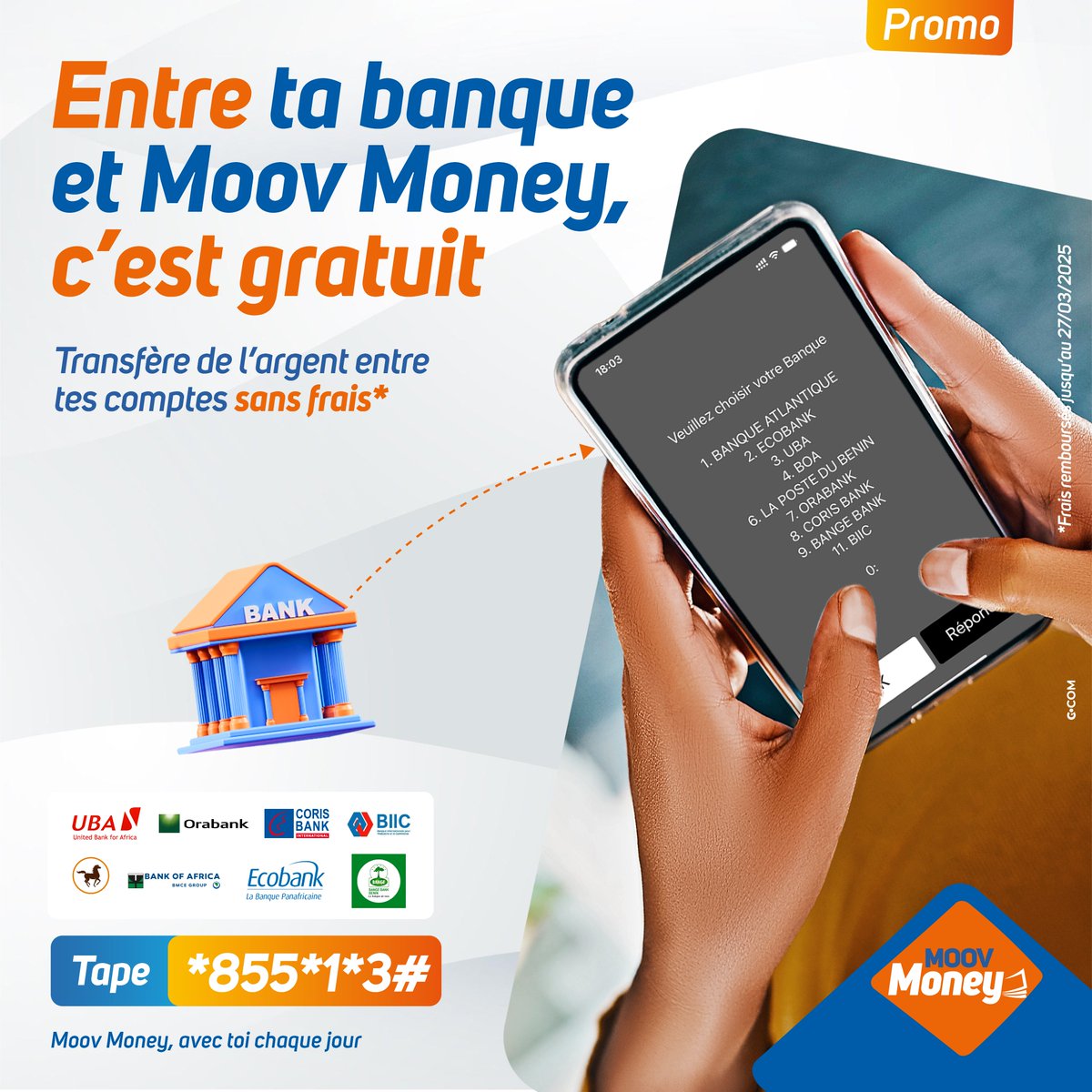 MoovMoneyBenin's tweet image. Les fêtes continuent avec Moov Money 🥳

Jusqu’au 27 mars, transfère de l’argent de ton compte bancaire à ton compte Moov Money sans frais 😍

Tape *855*1*3# et profite de cette offre généreuse.

#MoovMoney
#AvecToiChaqueJour