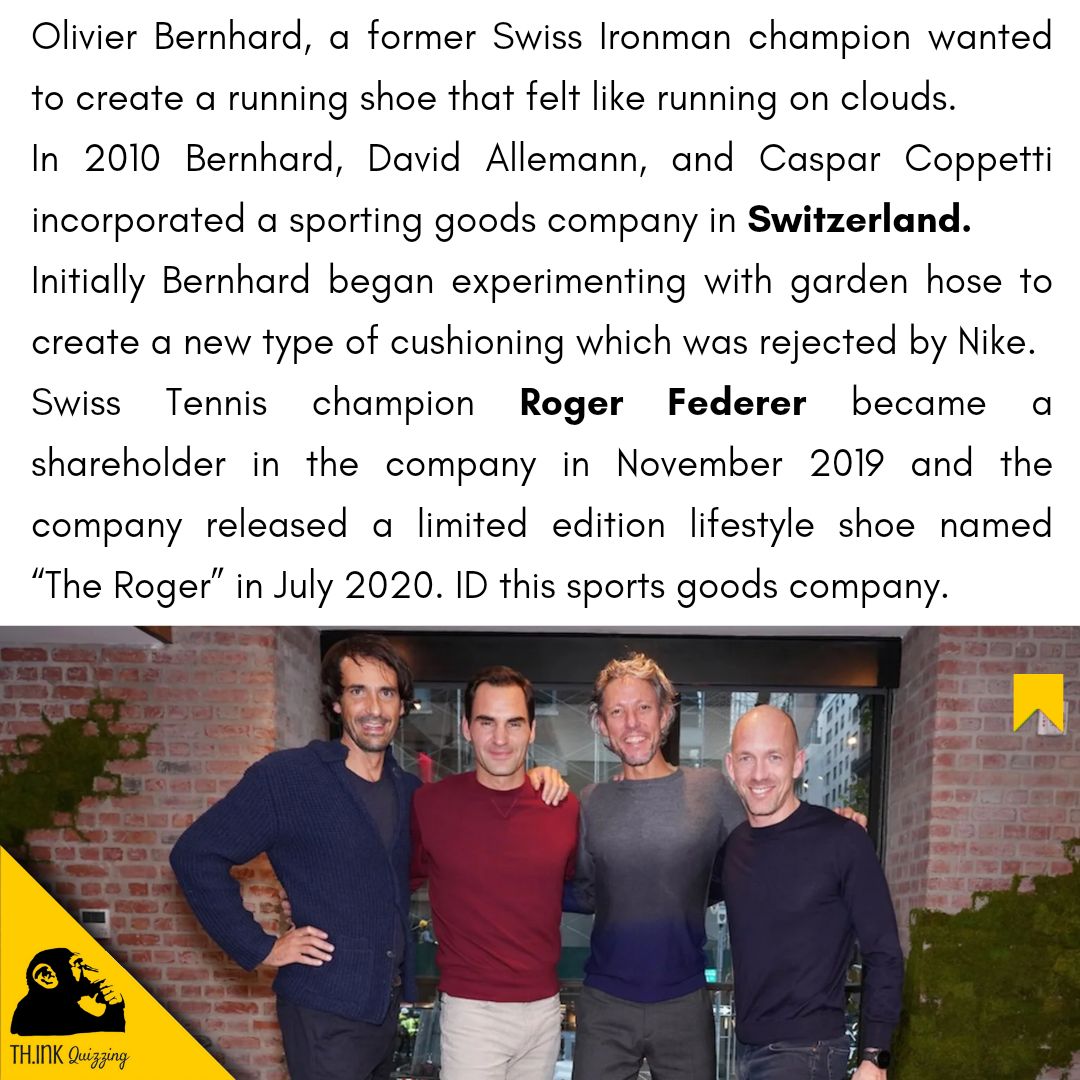 SridharHRS's tweet image. Quiz 1621) ID this shoe company known for their sole and having Roger Federer as an investor.

#quiz #quizmaster #thinkquizzing #shoes #sports #running