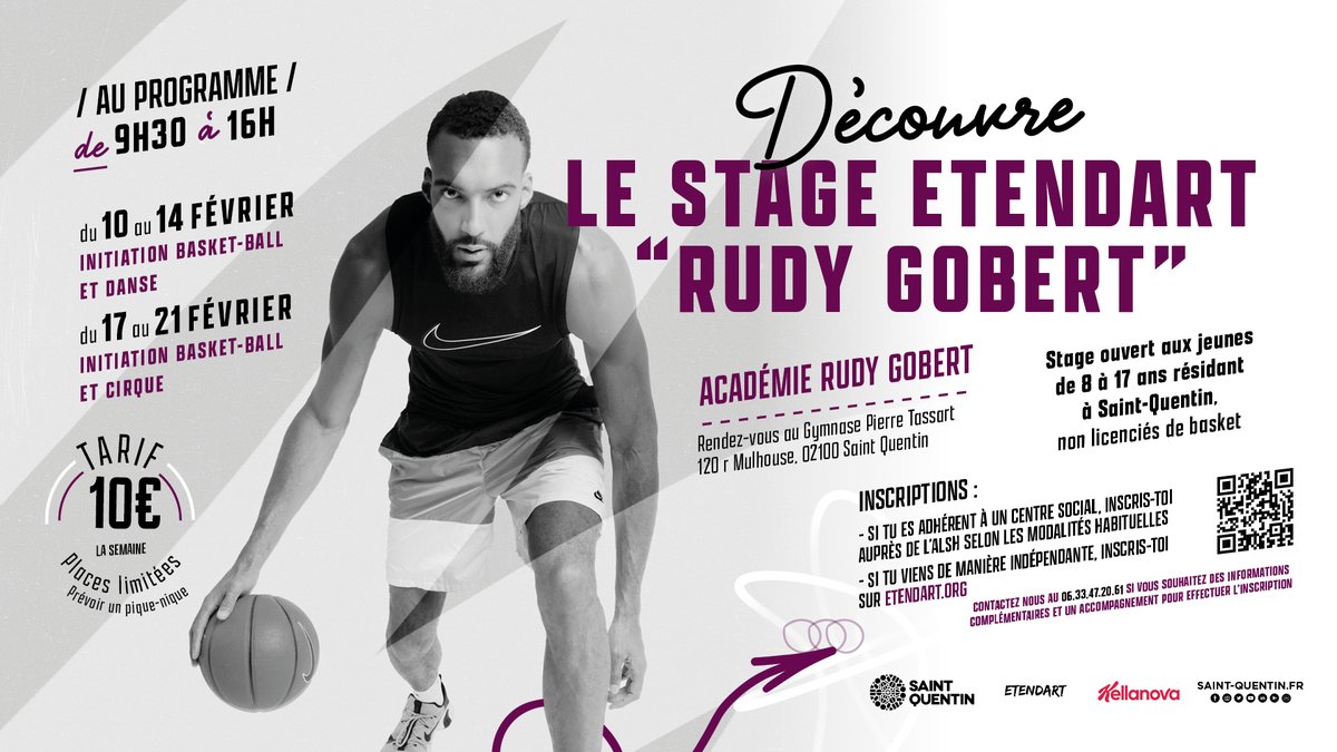 🏀Profitez du stage Étendart du 10 au 21 février de 9h30 à 16h au Gymnase Pierre Tassart, 120 rue Mulhouse à Saint-Quentin.  

ℹ️etendart.org - Nombre de places limitées/Tarif : 10€/semaine -  Plus d'infos : 06 33 47 20 61.