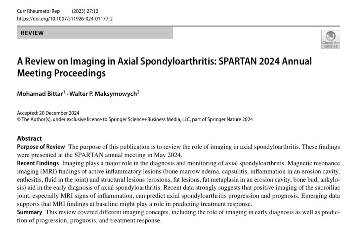Imaging in Axial Spondyloarthritis #axSpA #ankylosingspondylitis ⁦<a href="/SPARTAN_Updates/">SPARTAN</a>⁩ ⁦<a href="/WalterMaks/">Walter Maksymowych</a>⁩ link.springer.com/article/10.100…