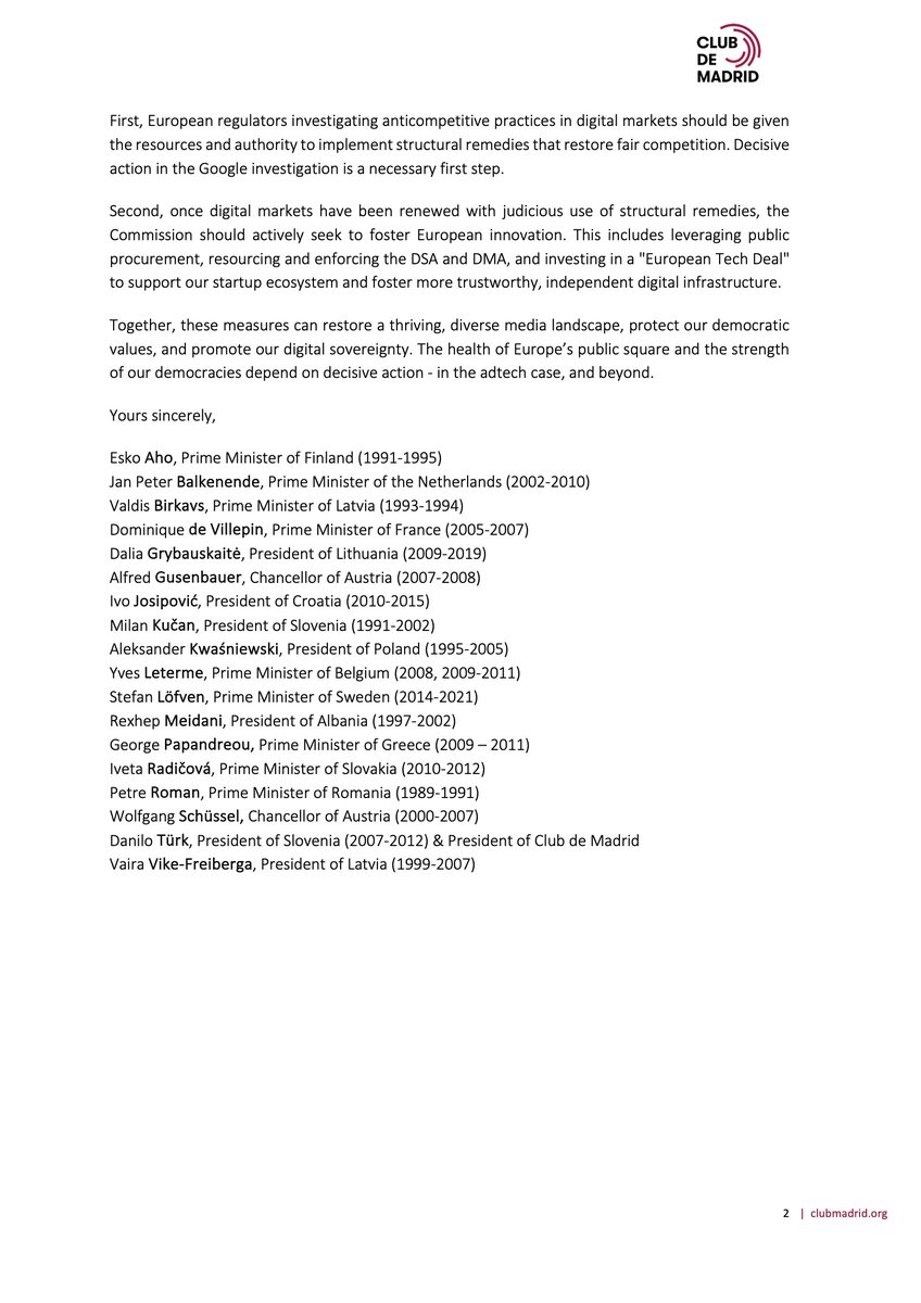 johnnyryan's tweet image. Former European prime ministers write to von der Leyen, urging a break up of Google's adtech monopoly to protect democracy @ClubdeMadrid
|clubmadrid.org/wp-content/upl…